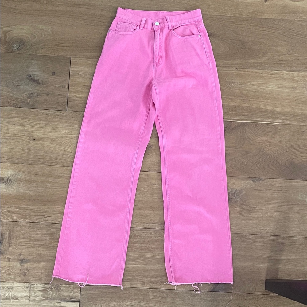 SHEIN Hot Pink High-Rise Wide  Leg Cut Jeans